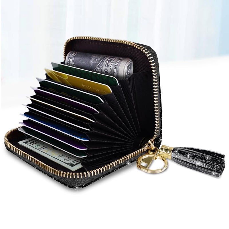 Coco Rossi Women's Small Credit Card Wallet ID Card Case for Girls RFID Glitter Cute Accordion Card Holder -Black Glitter - Image 2